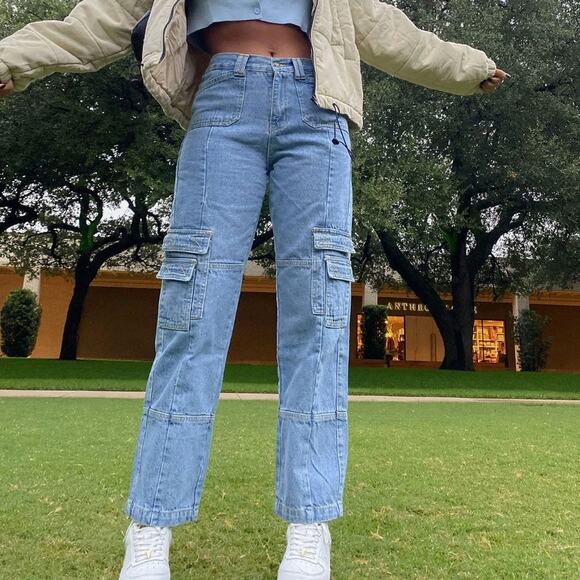 Stacey Cargo Jeans Denim Blue Princess Polly Lioness - Picture 1 of 8
